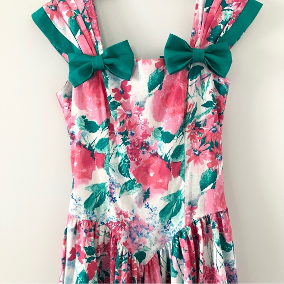 Vintage 80’s Leslie Lucks Bright Floral Print Full Skirt Dress w/ Bows - Picture 4 of 16